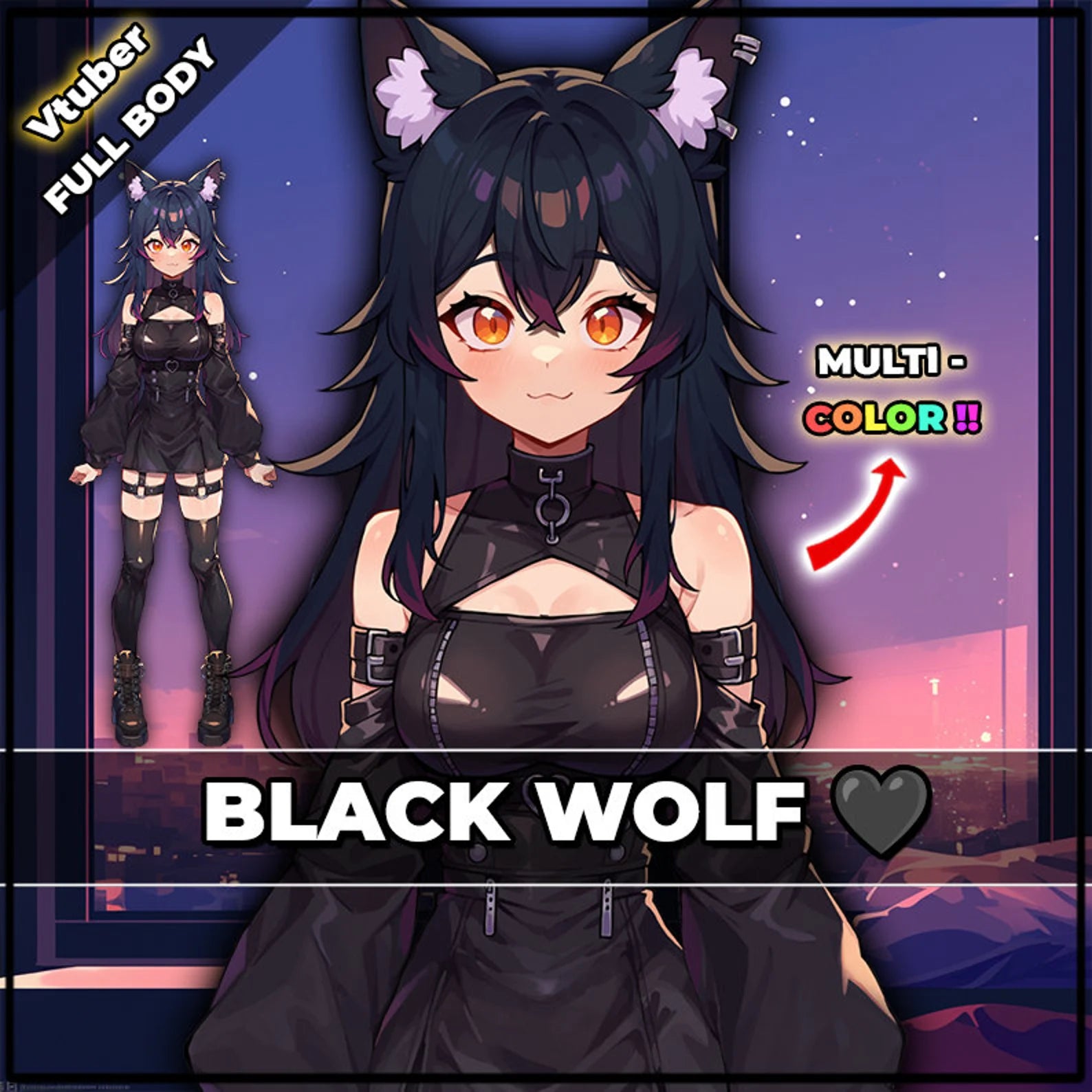 Premade Black Wolf Girl Vtuber Model: Fully Rigged for Vtube Studio